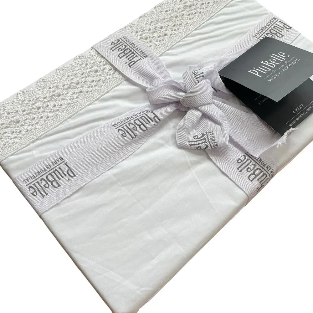 PiuBelle Portugal White Queen Sheets 4PC Cotton Percale Crochet Lace Cottage New